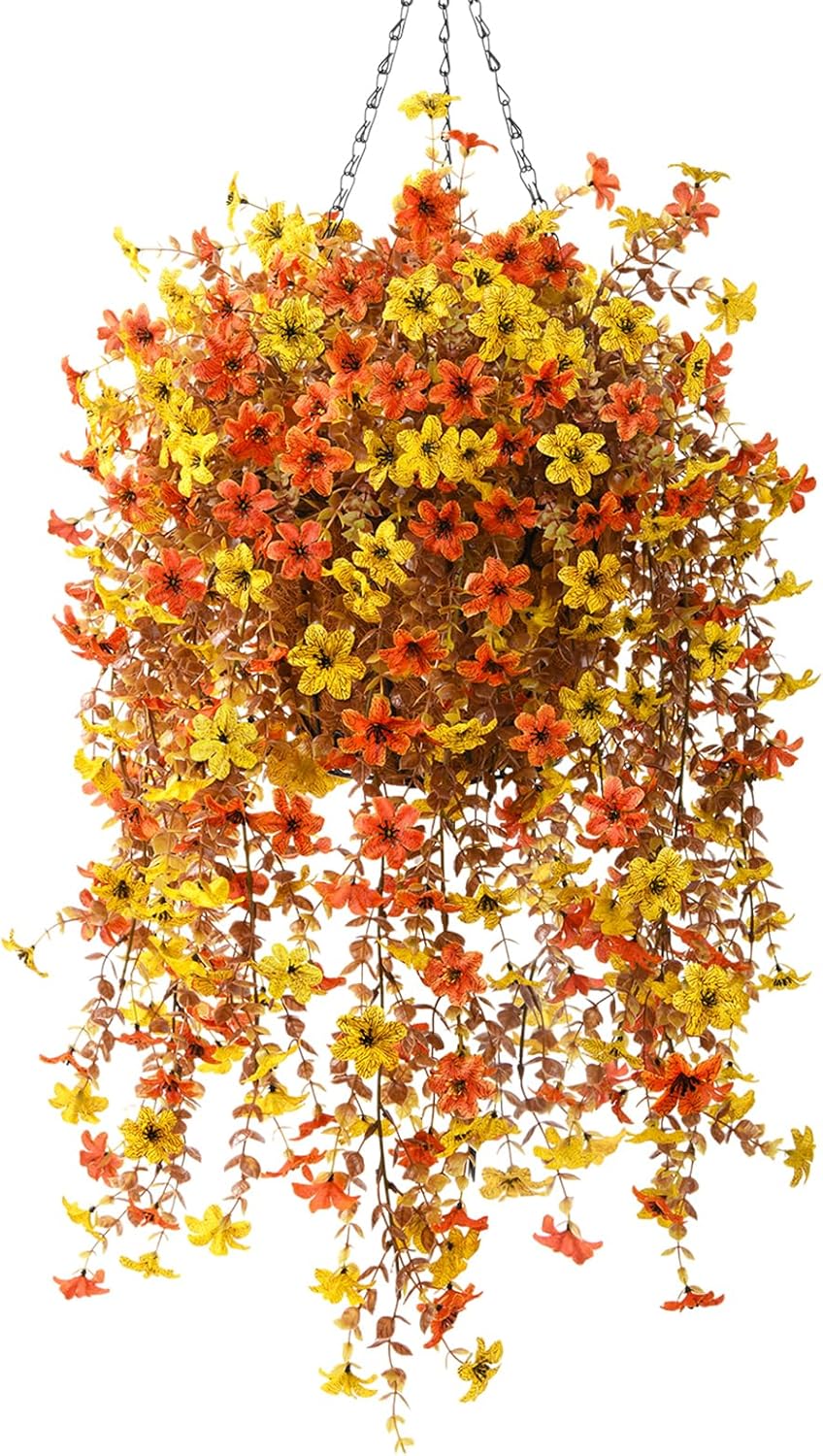 INQCMY Artificial Faux Hanging Flowers Plants Basket for Outdoor Outside Spring Summer Decoration,UV Resistant Fake Silk Daisy in Planter Resistant Look Real for Home Porch Balcony Patio Yard Decor