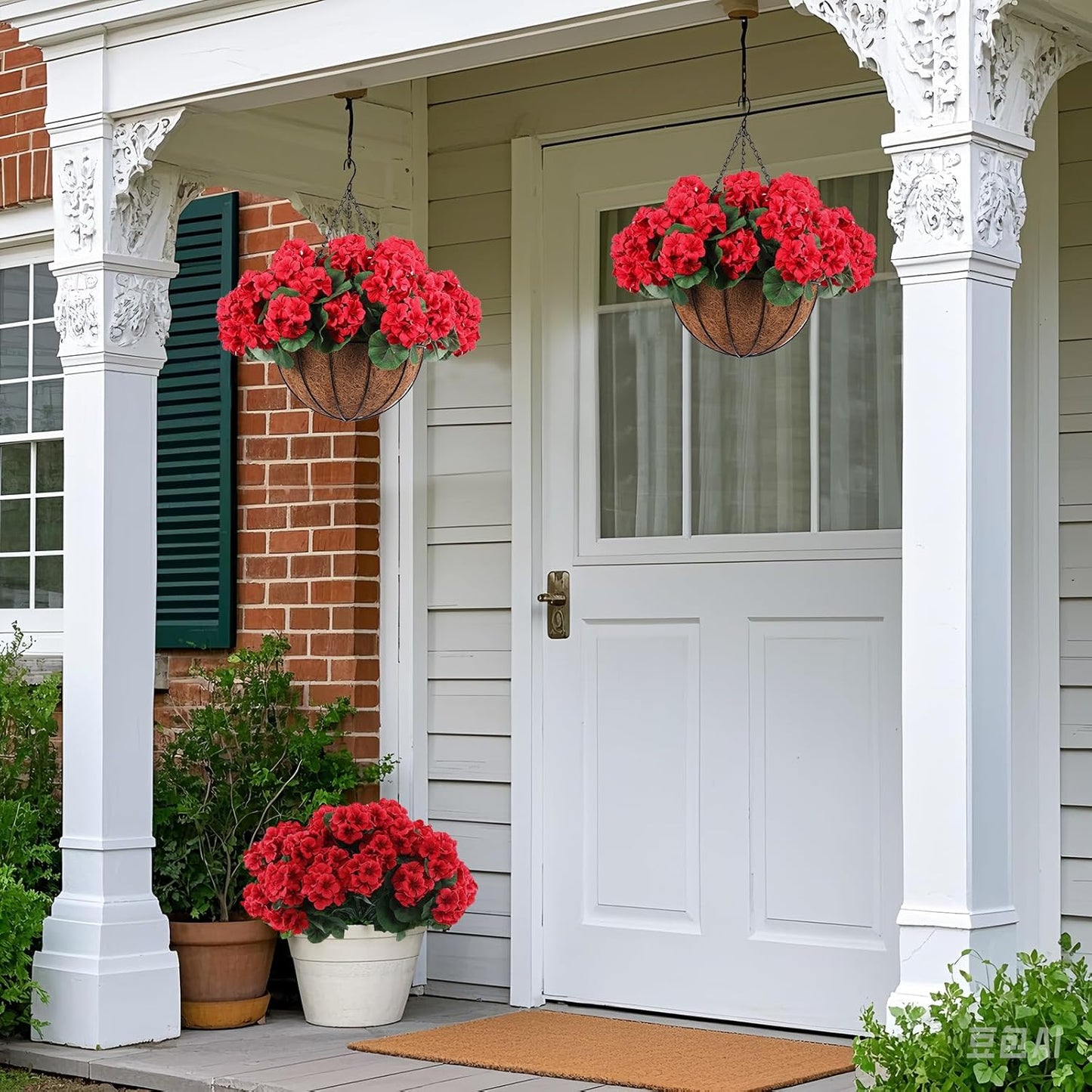 Hananona 2 Set Artificial Outdoor Geraniums Flowers with Hanging Basket, 2 Hanging Planters with 12 Pcs Red Geranium Flowers for Spring Summer Front Porch Garden Patio Home Decor (2, Red)