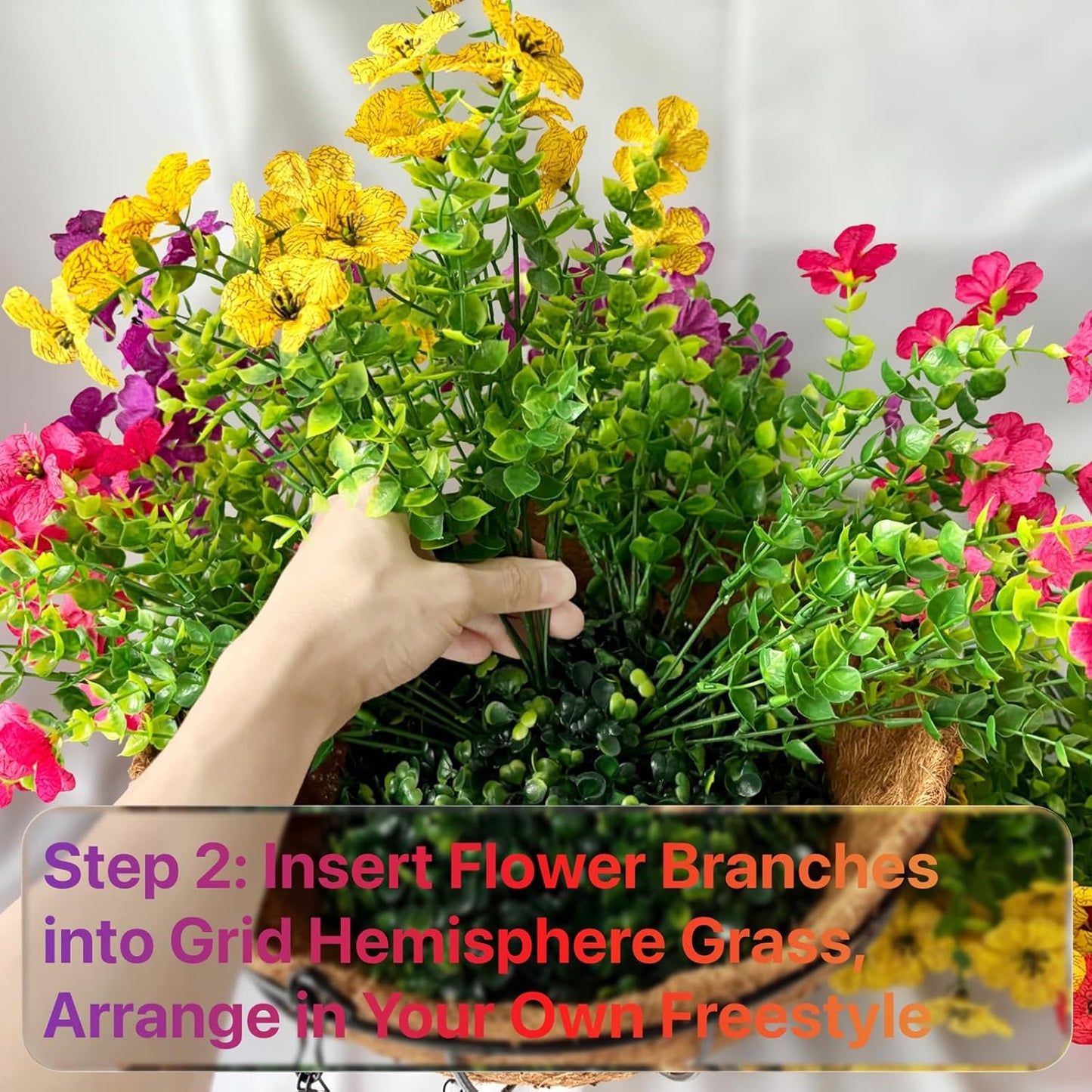 2 Sets Outdoor Artificial Flowers with 12" Hanging Basket, 24 Bunches of Faux Flowers with 2 Hanging Planters for Summer Front Porch Pergolas Patio Balcony Garden Vibrant Colors