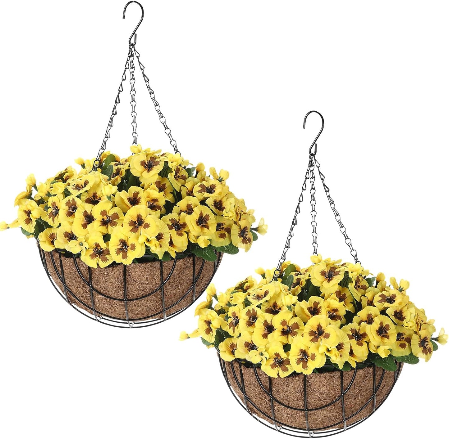 2 Pack Artificial Hanging Flowers in Basket for Spring Summer Outdoor Decor Fake Hanging Plant Faux Pansy Flower with 12 Inch Coconut Lining Basket for Patio Garden Porch Home(White)