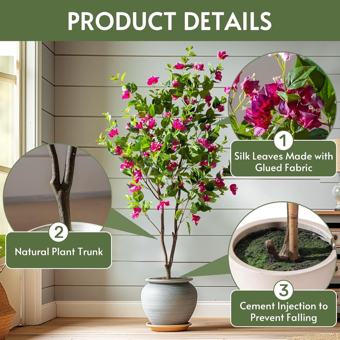 5FT Artificial Bougainvillea Tree Artificial Tree Tall Potted Fake Bougainvillea Trees for Outdoor Indoor Lifelike Potted Faux Plants with Wood Trunk and Flowers Office Wedding Home Decor