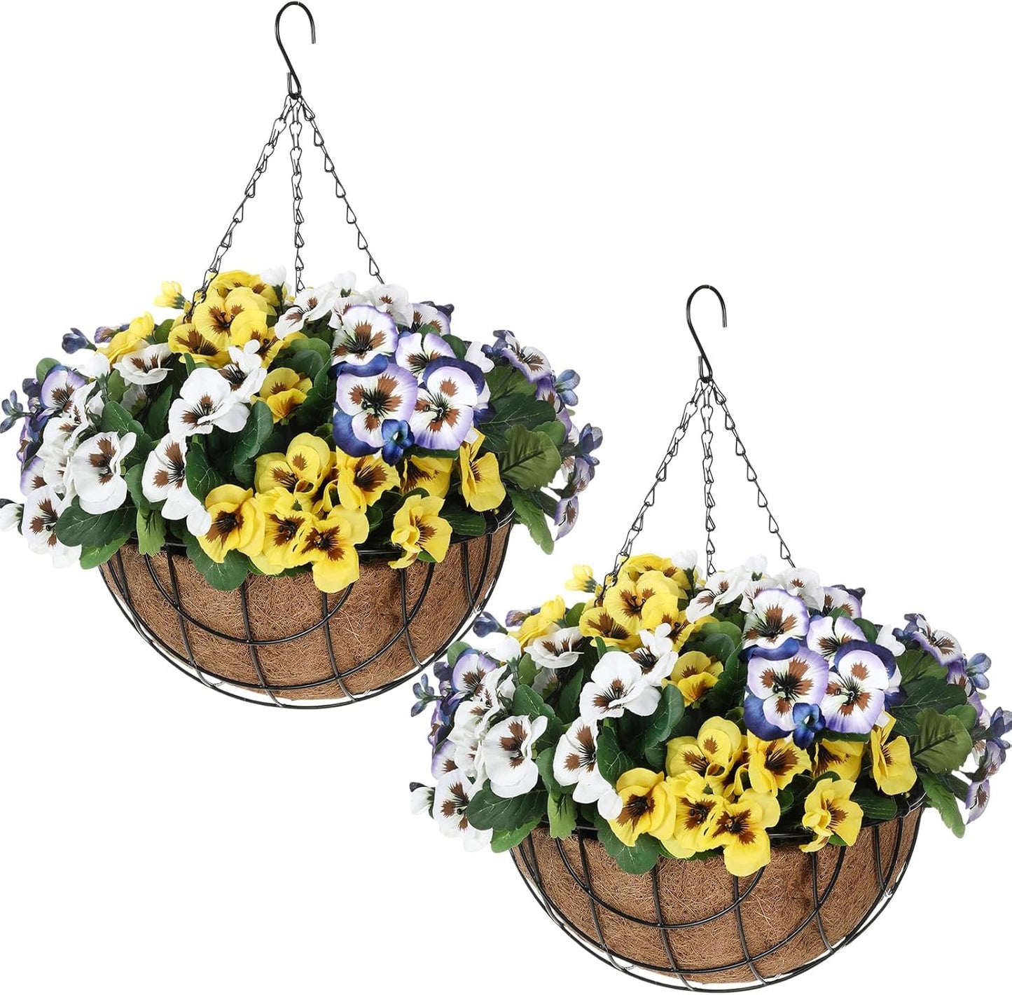 2 Pack Artificial Hanging Flowers in Basket for Spring Summer Outdoor Decor Fake Hanging Plant Faux Pansy Flower with 12 Inch Coconut Lining Basket for Patio Garden Porch Home(White)