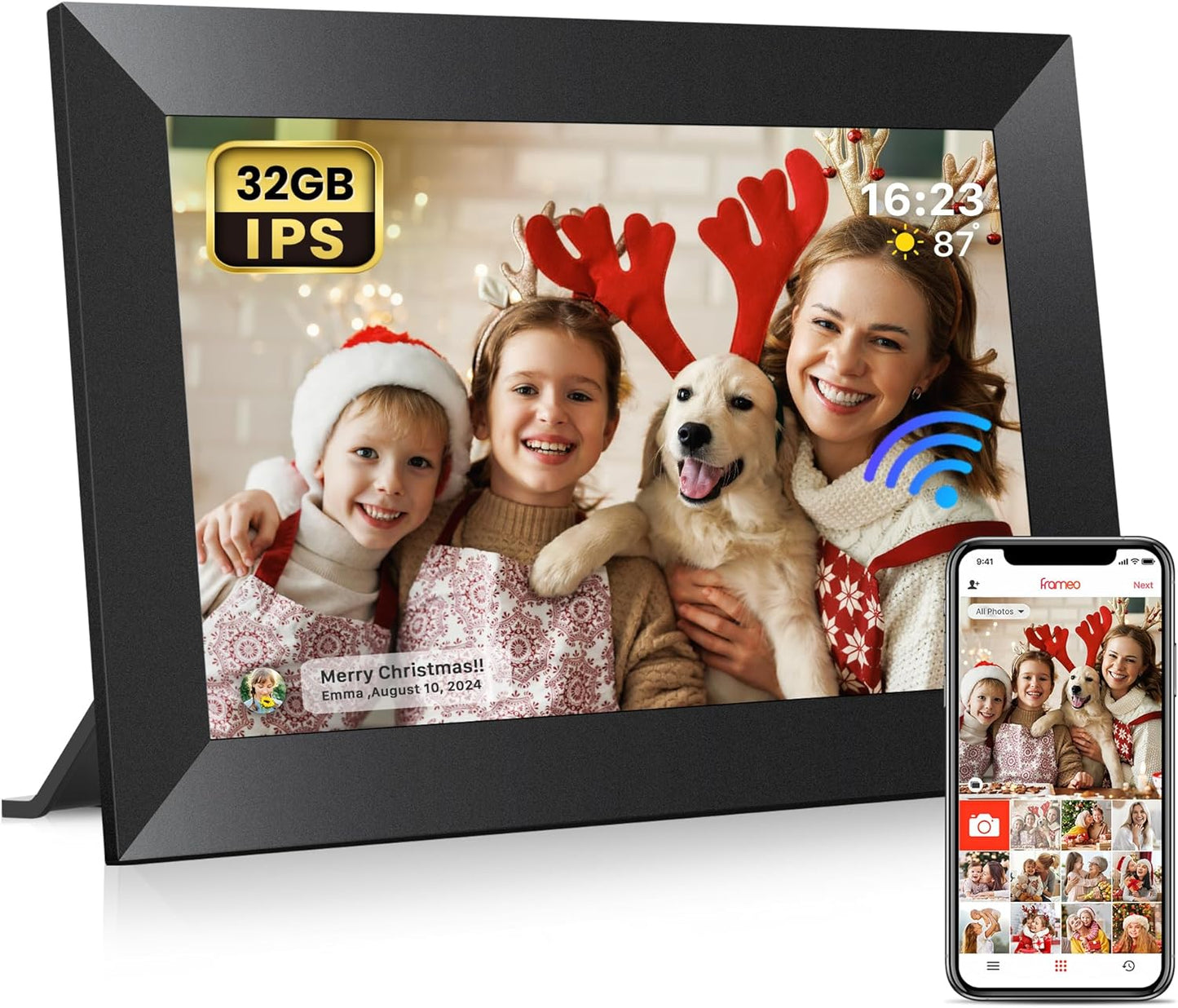 Frameo 10.1" Digital Picture Frame with 32GB Memory WiFi Electronic Photo Frame Wood 1280 x 800 IPS Touch Screen Auto-Rotate Slideshow Wall Mountable Share Photos/Video Remotely Anywhere