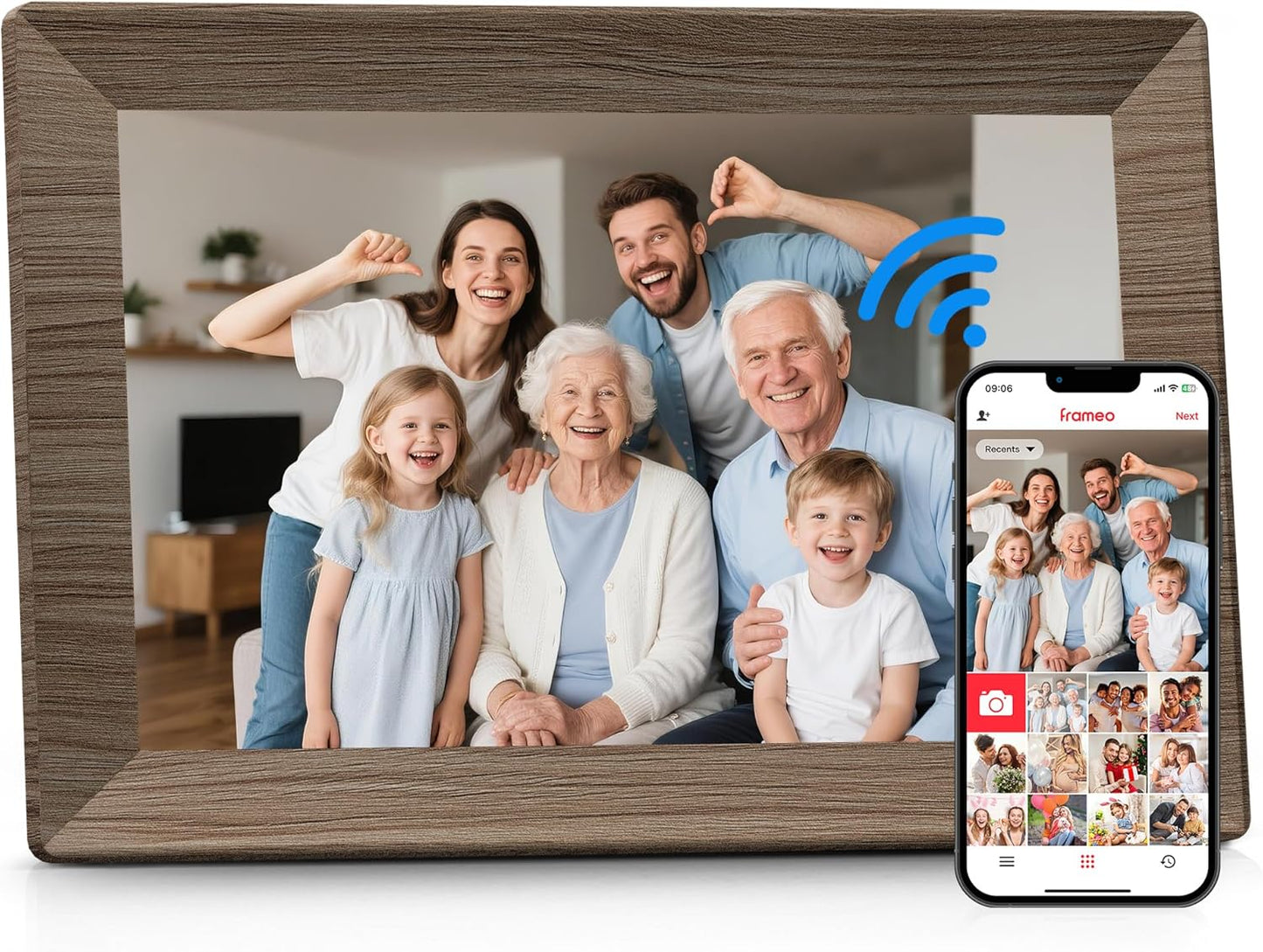 Frameo 10.1" Digital Picture Frame with 32GB Memory WiFi Electronic Photo Frame Wood 1280 x 800 IPS Touch Screen Auto-Rotate Slideshow Wall Mountable Share Photos/Video Remotely Anywhere