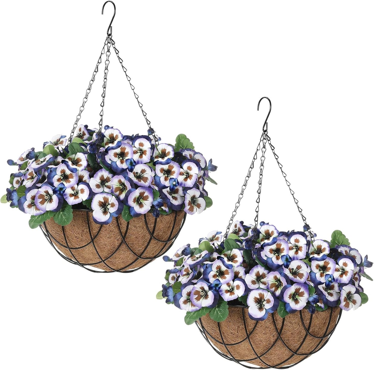 2 Pack Artificial Hanging Flowers in Basket for Spring Summer Outdoor Decor Fake Hanging Plant Faux Pansy Flower with 12 Inch Coconut Lining Basket for Patio Garden Porch Home(White)
