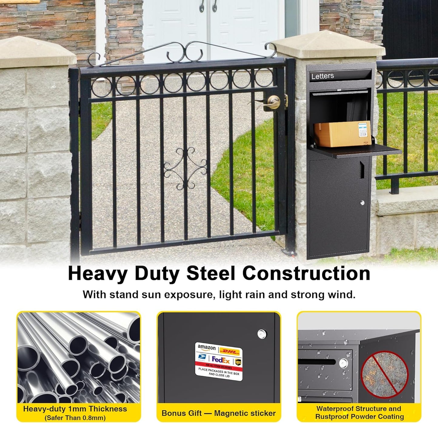 Merapi Parcel Drop Boxes for Outside, 16.3" *15.2"* 40.4" Cold-Rolled Steel Delivery Box for Packages, Anti-Theft Lockable Package Delivery Boxes for Outside, Porch, House, Curbside, Black-BD