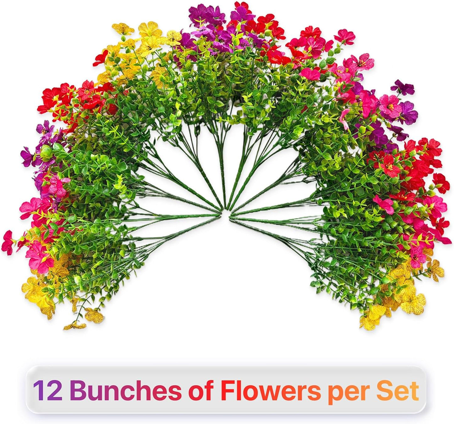 2 Sets Outdoor Artificial Flowers with 12" Hanging Basket, 24 Bunches of Faux Flowers with 2 Hanging Planters for Summer Front Porch Pergolas Patio Balcony Garden Vibrant Colors
