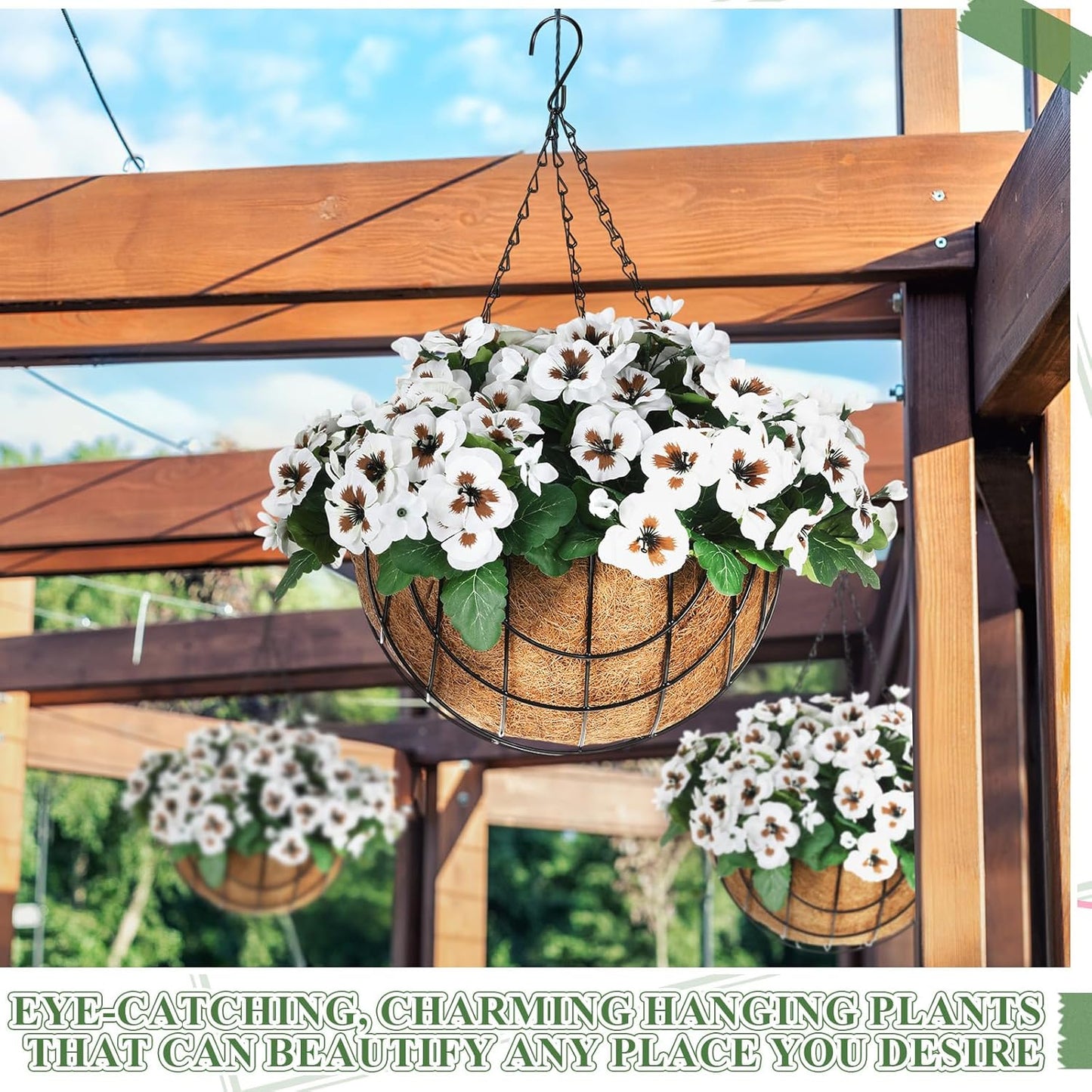 2 Pack Artificial Hanging Flowers in Basket for Spring Summer Outdoor Decor Fake Hanging Plant Faux Pansy Flower with 12 Inch Coconut Lining Basket for Patio Garden Porch Home(White)