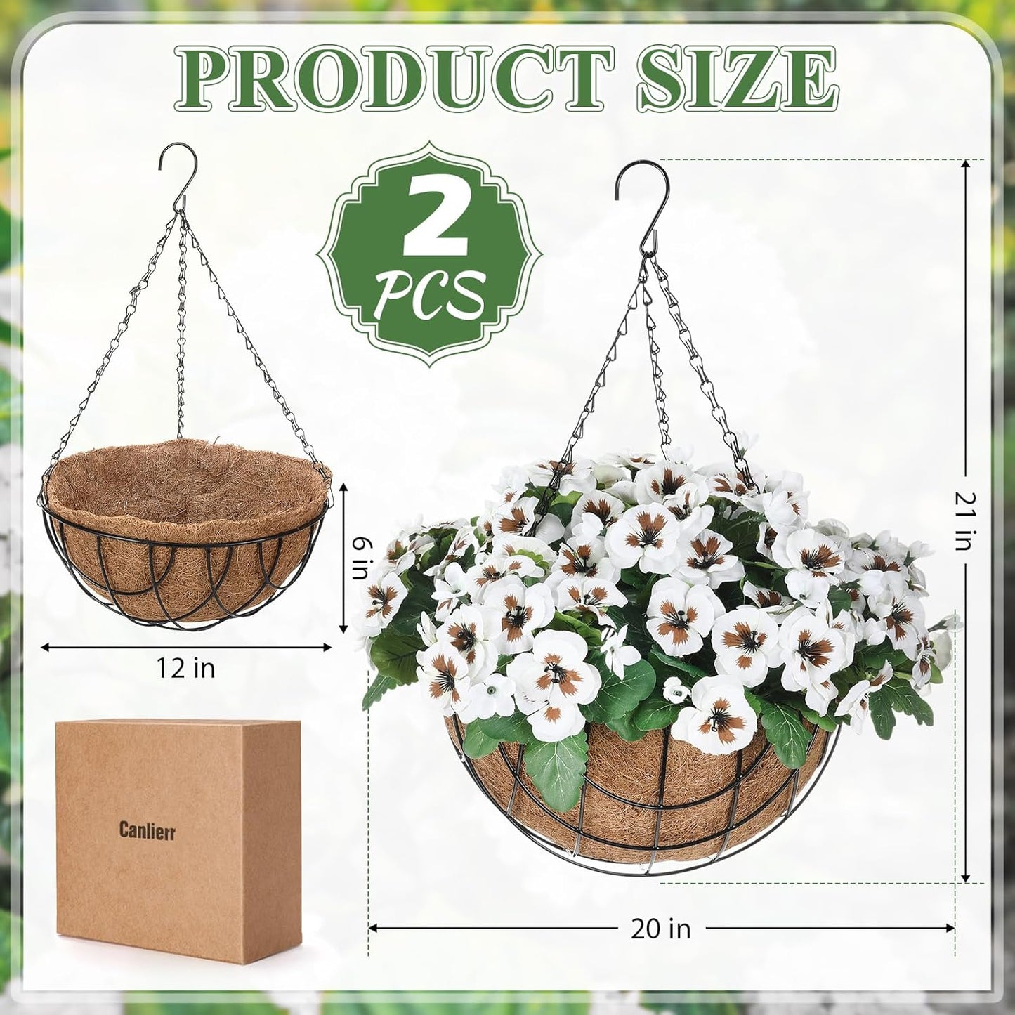 2 Pack Artificial Hanging Flowers in Basket for Spring Summer Outdoor Decor Fake Hanging Plant Faux Pansy Flower with 12 Inch Coconut Lining Basket for Patio Garden Porch Home(White)