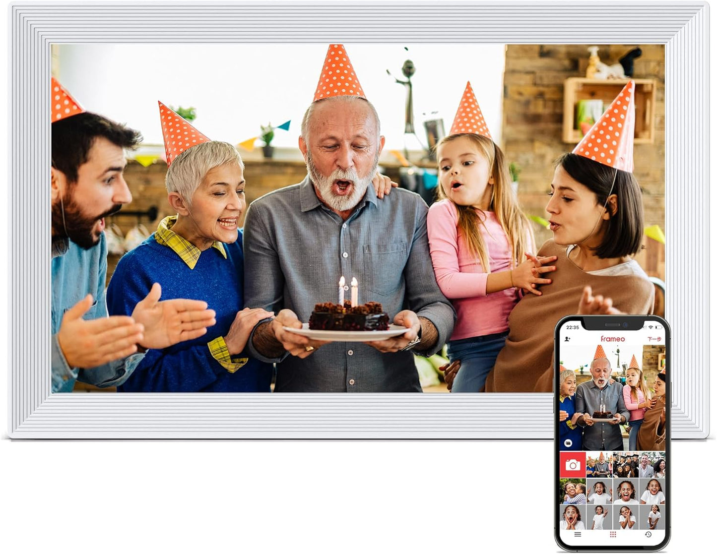 Digital Picture Frame, 15.6 Inch Frameo Digital Frame WiFi, 1920*1080 IPS FHD Touchscreen, 32GB, Tabletop&Wall-Mounted, Share Picture Video, Electronic Photo Frame Slideshow, Gifts for Mom, White Clay