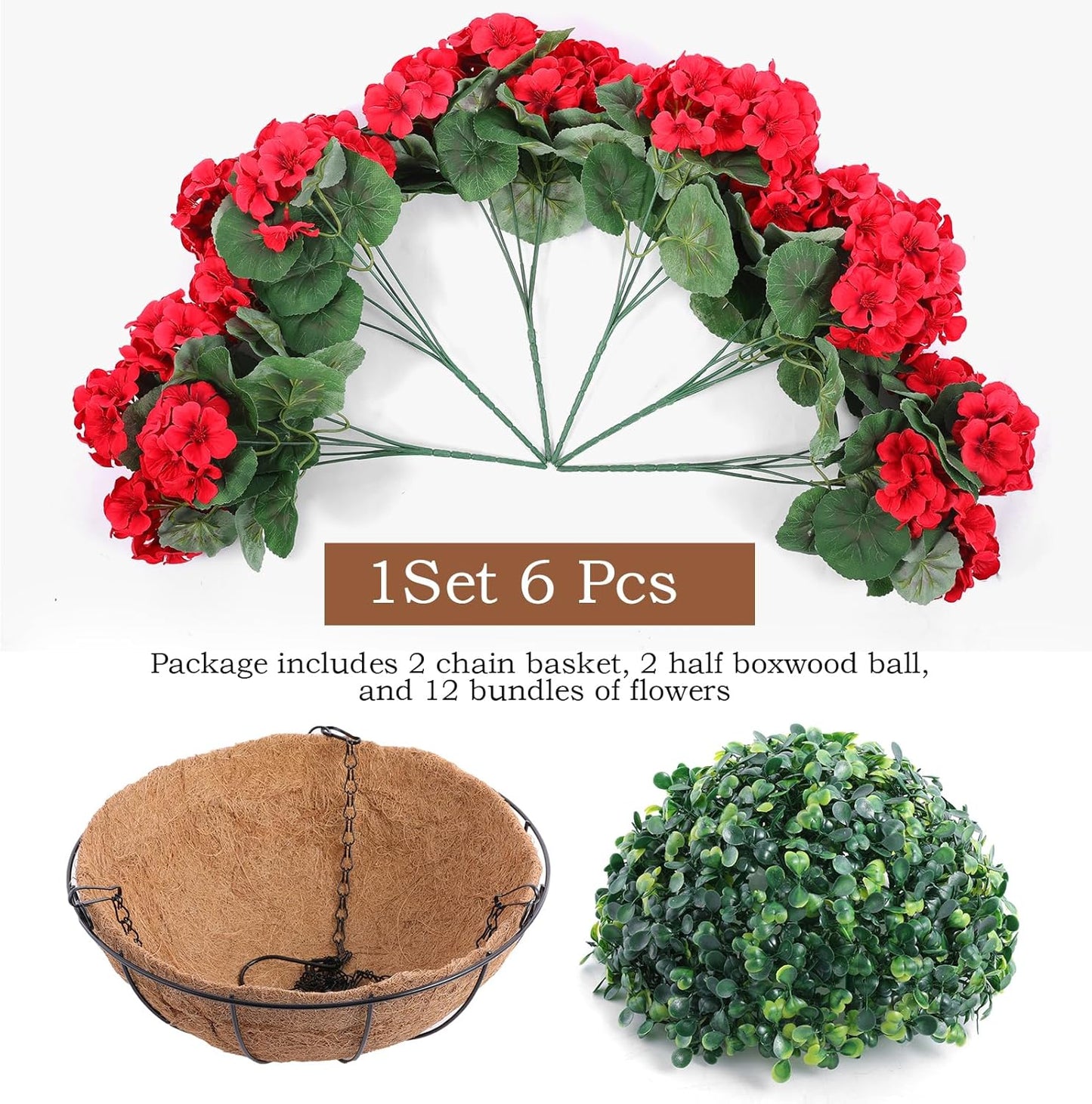 Hananona 2 Set Artificial Outdoor Geraniums Flowers with Hanging Basket, 2 Hanging Planters with 12 Pcs Red Geranium Flowers for Spring Summer Front Porch Garden Patio Home Decor (2, Red)