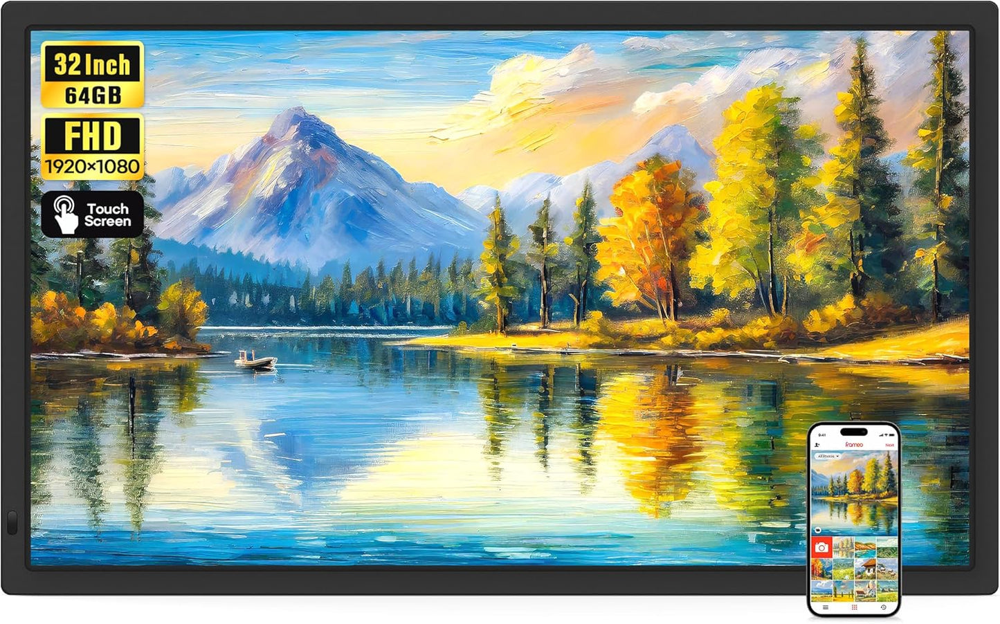 Frameo 10.1" Digital Picture Frame with 32GB Memory WiFi Electronic Photo Frame Wood 1280 x 800 IPS Touch Screen Auto-Rotate Slideshow Wall Mountable Share Photos/Video Remotely Anywhere
