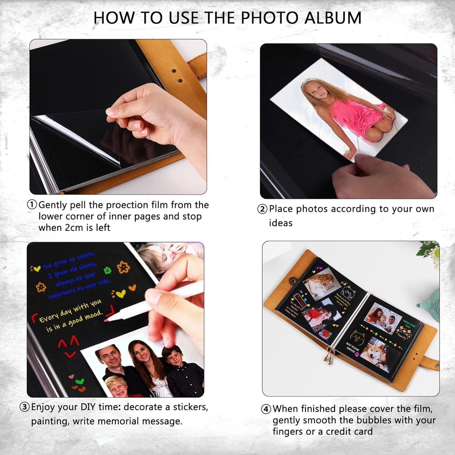 Robrasim Brown Leather Self-Adhesive Photo Album, 9.6x9.6x1.3 in, Holds 3x5, 4x6, 5x7, 6x8 Photos
