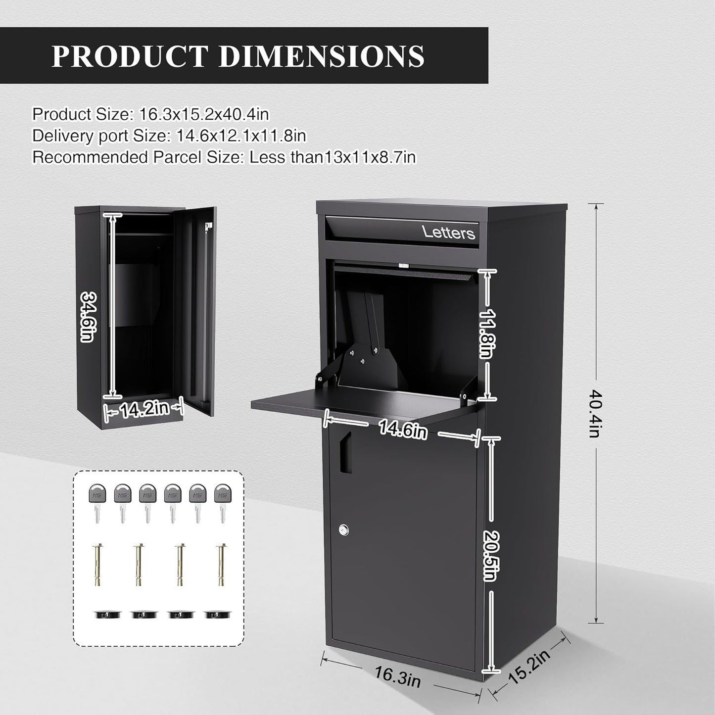 Merapi Parcel Drop Boxes for Outside, 16.3" *15.2"* 40.4" Cold-Rolled Steel Delivery Box for Packages, Anti-Theft Lockable Package Delivery Boxes for Outside, Porch, House, Curbside, Black-BD
