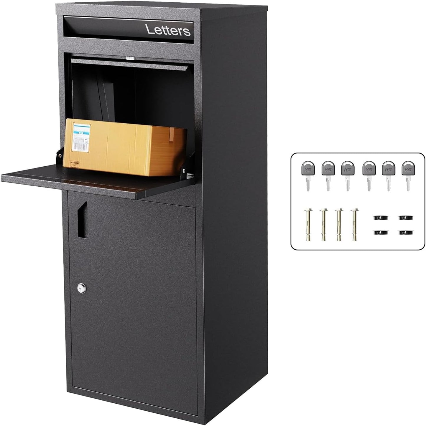 Merapi Parcel Drop Boxes for Outside, 16.3" *15.2"* 40.4" Cold-Rolled Steel Delivery Box for Packages, Anti-Theft Lockable Package Delivery Boxes for Outside, Porch, House, Curbside, Black-BD