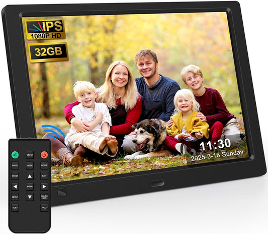 10.1 Inch Digital Picture Frame with 32GB USB Flash Drive, KECAG 1920x1080 HD IPS Screen Digital Photo Frame, Motion Sensor, Video, Music, Share Moments via SD Card or USB, with Remote Control