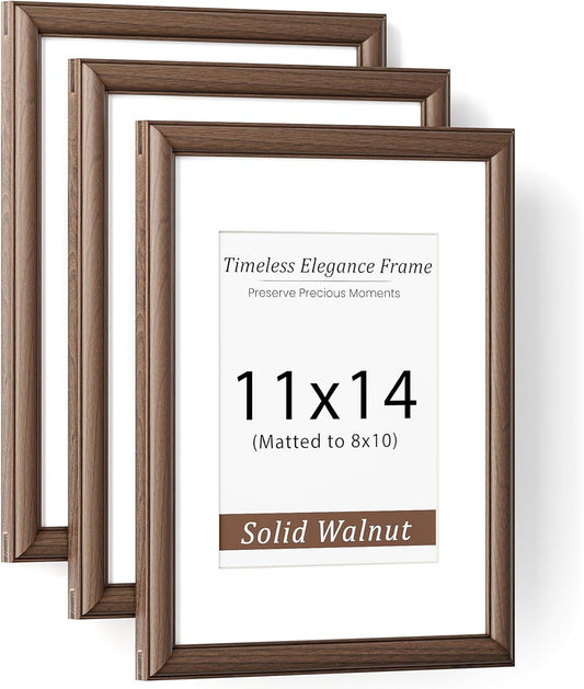 Natural Walnut 11x14 Picture Frames Mat to 8x10 Picture Display Set of 3,Original Wood Handcrafted 11x14 Diploma Frame with Tempered Glass Graduation Family Wedding Certificate Photo Wall Mounted
