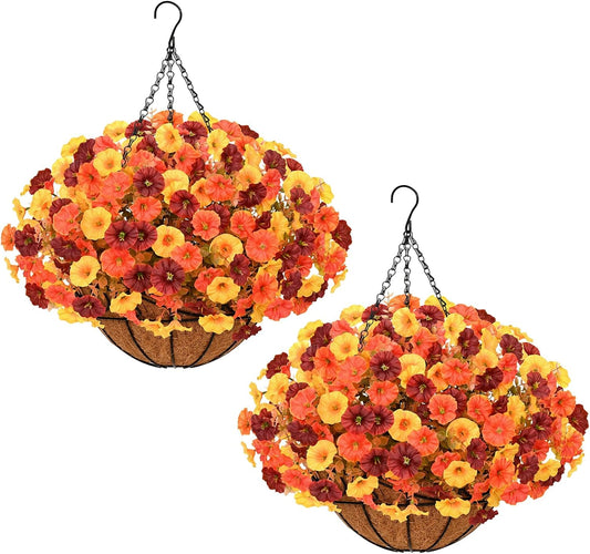 Fall Decorations-Artificial Fall Flowers for Outdoors, 2 Pack Fall Hanging Baskets with Faux Mums Flowers, UV Resistant Fake Hanging Plants Flowers for Outdoors Garden, Fall Decor for Patio Porch