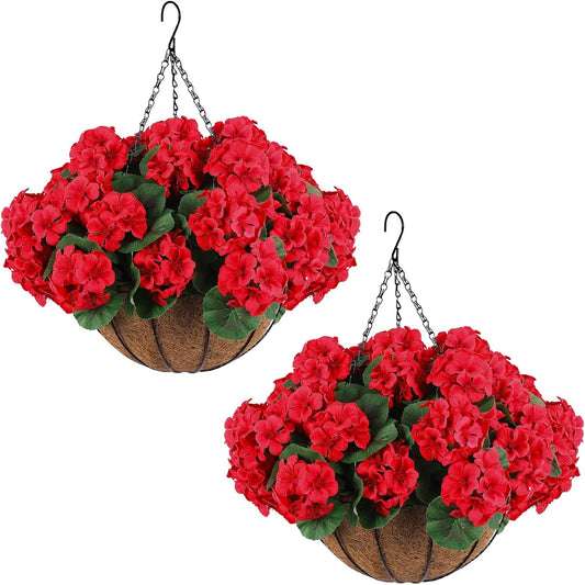 Hananona 2 Set Artificial Outdoor Geraniums Flowers with Hanging Basket, 2 Hanging Planters with 12 Pcs Red Geranium Flowers for Spring Summer Front Porch Garden Patio Home Decor (2, Red)