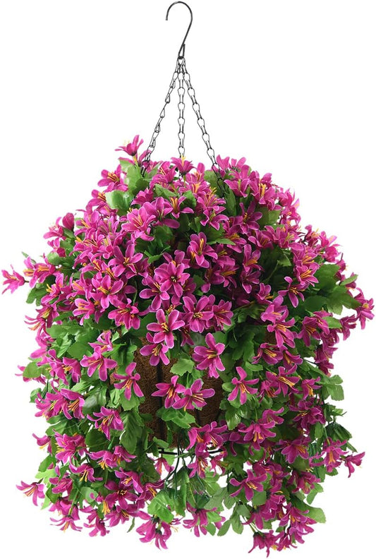 INQCMY Artificial Hanging Flowers in Basket for Summer Outdoor Porch Decoration,UV Resistant Fake Silk Violet in Planter Realistic for Outside Home Patio Balcony Garden Yard Decor