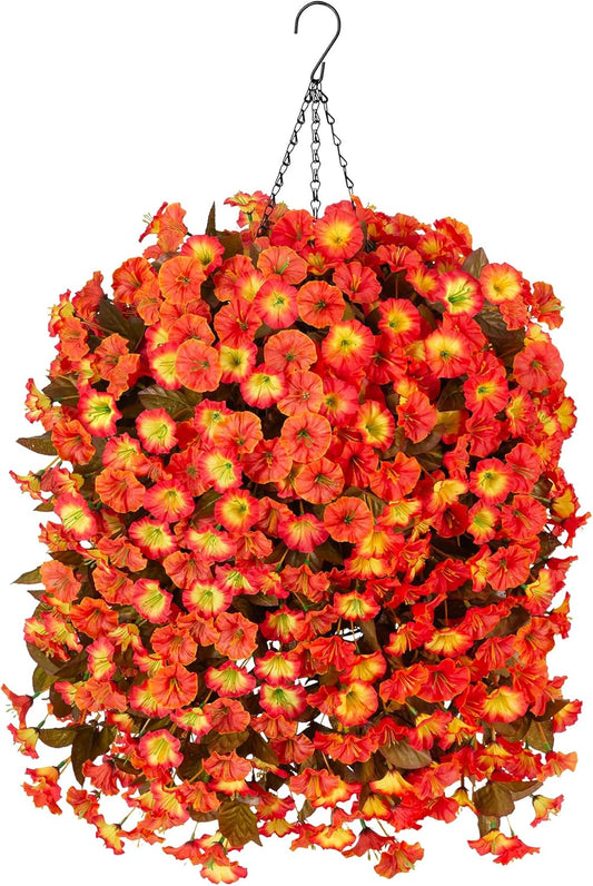 Fall Artificial Flowers Plants with Hanging Basket, Fake Realistic Silk Morning Glory Petunia Long Vines, Faux Flower Arrangement for Autumn Outdoor Garden Patio Decor, OrangeYellow