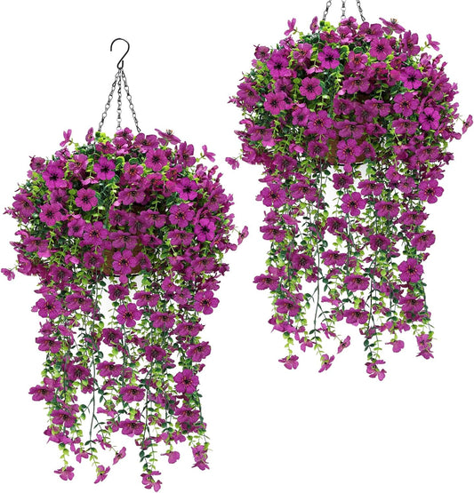 Geegoods Artificial Hanging Flowers Plants for Outdoor, 2 Set Faux Hanging Violet Flowers Baskets with Eucalyptus Vines UV Resistant Realistic Fake Plants for Outside Porch Garden Yard Home Decor