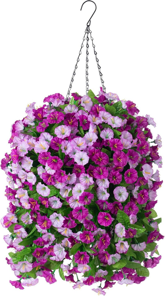 Hanging Baskets with Artificial Flowers for Plants Outdoor Indoor, Faux Silk Morning Glory Vines, Faux Green Plant Arrangement for Garden Patio Decor(Darkorchid)