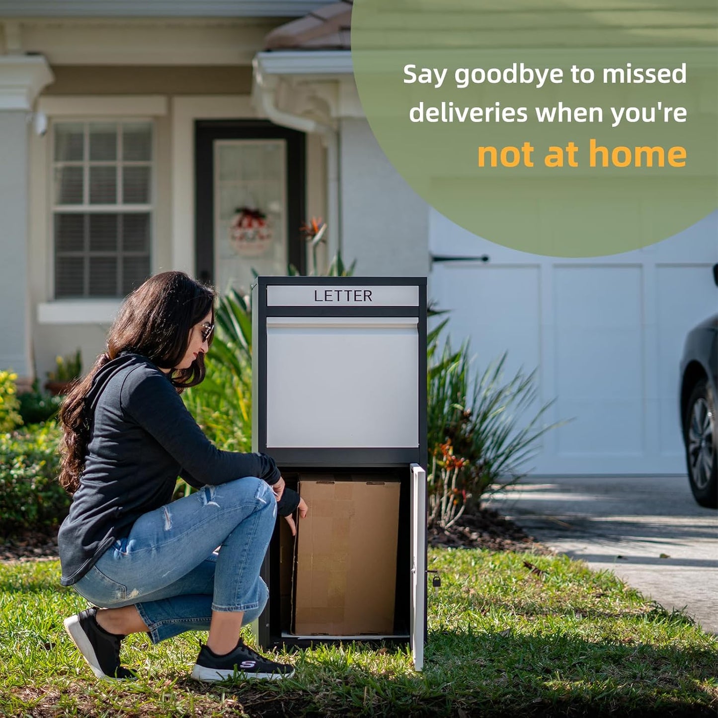 Package Delivery Boxes for Outside, Extra Large Capacity Modern Mailbox, Outdoor Freestanding Porch Box for Packages (Black and White)