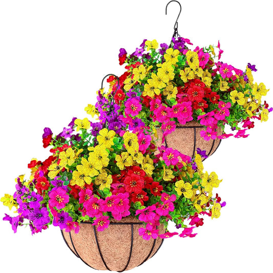 2 Sets Outdoor Artificial Flowers with 12" Hanging Basket, 24 Bunches of Faux Flowers with 2 Hanging Planters for Summer Front Porch Pergolas Patio Balcony Garden Vibrant Colors