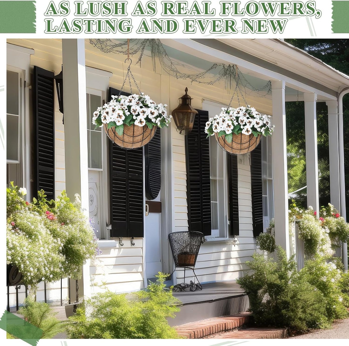 2 Pack Artificial Hanging Flowers in Basket for Spring Summer Outdoor Decor Fake Hanging Plant Faux Pansy Flower with 12 Inch Coconut Lining Basket for Patio Garden Porch Home(White)