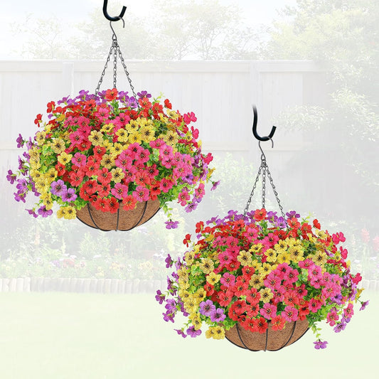 AGIRL Artificial Flowers Hanging Plants in Basket,Artificial Hanging Flowers for Outdoor Indoor Decor,UV Resistant Hanging Baskets with Fake Flowers for Patio Garden Porch Deck Decoration