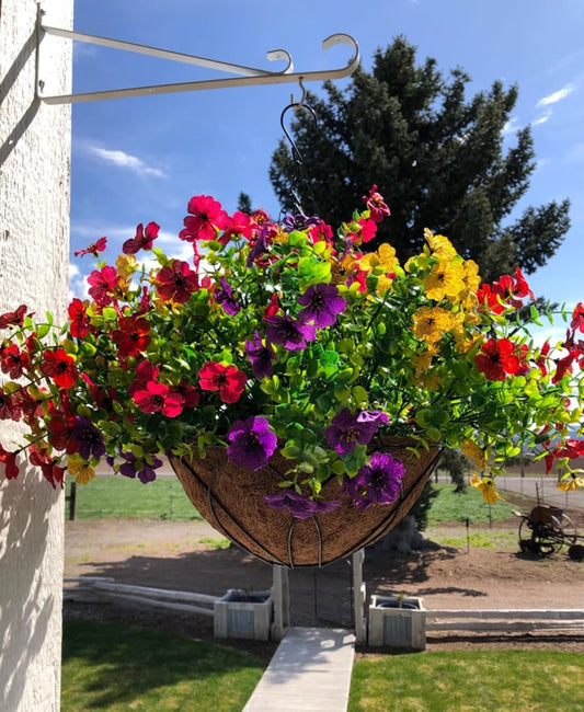 Artificial Faux Hanging Plants Flowers Basket for Spring, Colorful Daisy Flowers Eucalyptus UV Resistant Look Real for Outdoor Outside Porch Decoration