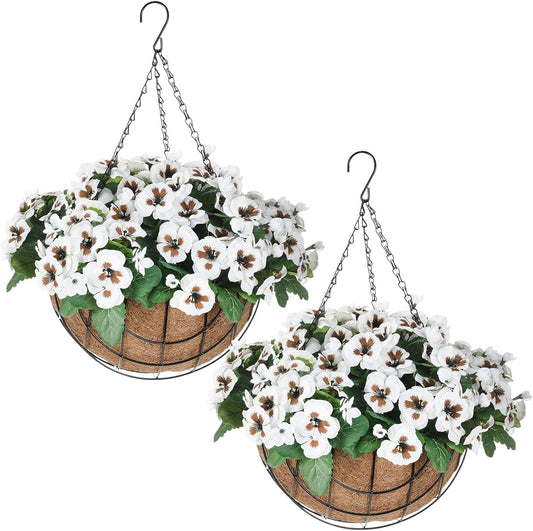 2 Pack Artificial Hanging Flowers in Basket for Spring Summer Outdoor Decor Fake Hanging Plant Faux Pansy Flower with 12 Inch Coconut Lining Basket for Patio Garden Porch Home(White)