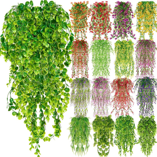Hoteam 32 Pcs Artificial Faux Hanging Flowers Fake Hanging Plants Vines Plastic Wall Greenery Indoor Fake Flowers Vines for Home Bedroom Living Aesthetic Kitchen Office Wall Patio (Rustic Style)